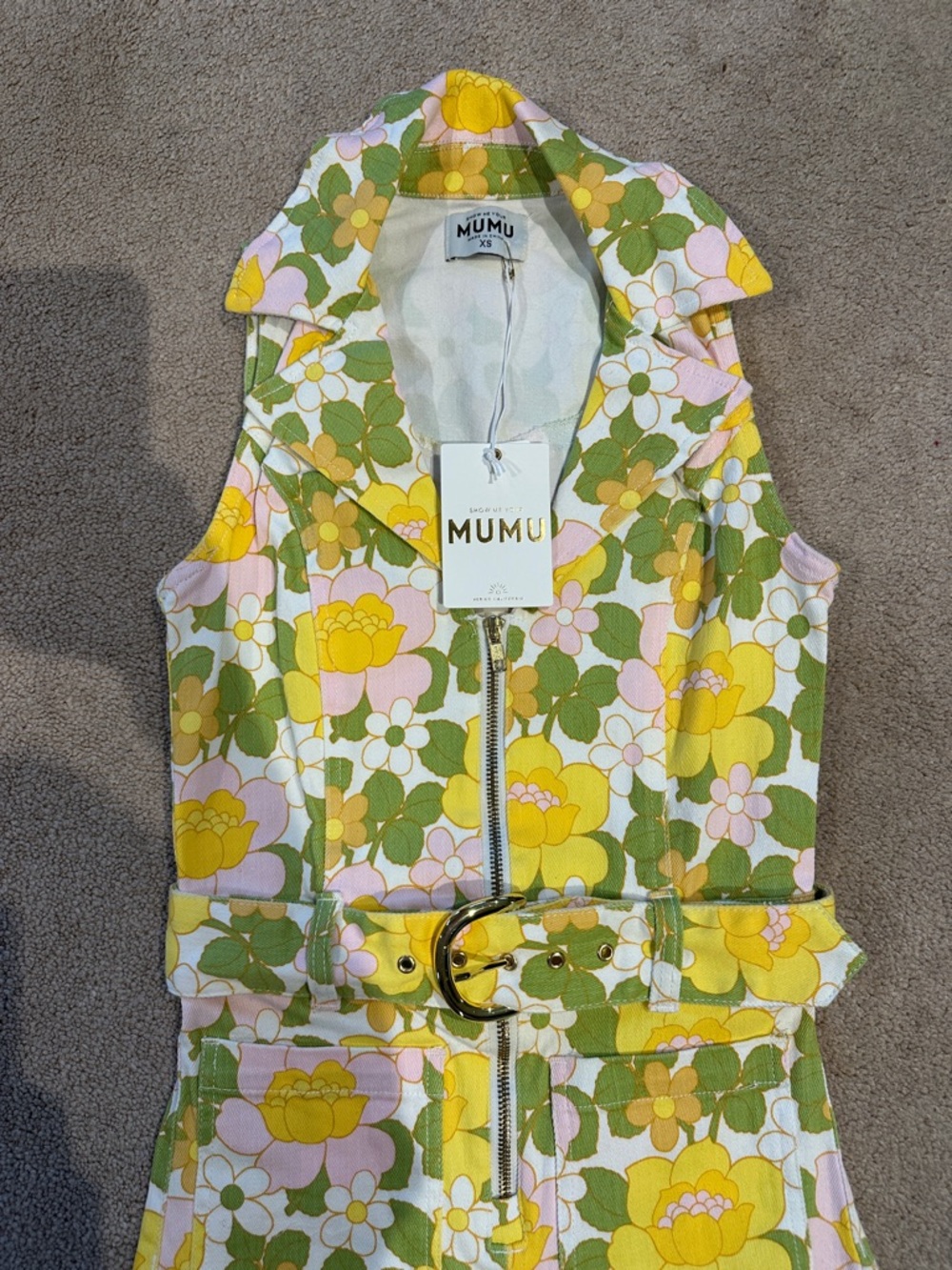 Show Me Your MuMu Yellow & Green Floral Sleeveless Belted Jumpsuit - Picture 2 of 8